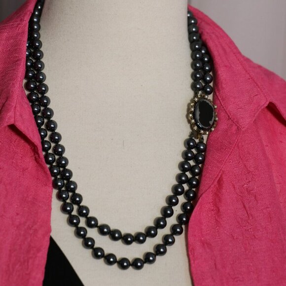 Vintage Removable Hematite Cameo Pin on Double Strand Hematite Bead Necklace - Picture 1 of 6